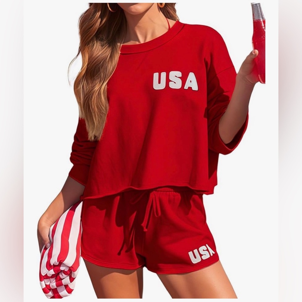 USA Red 2 pc long Sleeve Top and Shorts Patriotic Lounge Sets